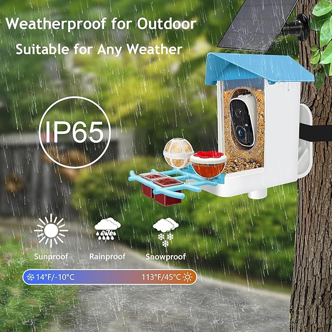 64GB Smart Bird Feeder with Camera Solar Powered, AI Identify 10K+ Bird Aves, 2K 3MP HD Live Video &Playback on Phone, 2.4G WiFi Birdhouse Camera Wireless Outdoor-Watching House (Light Blue)