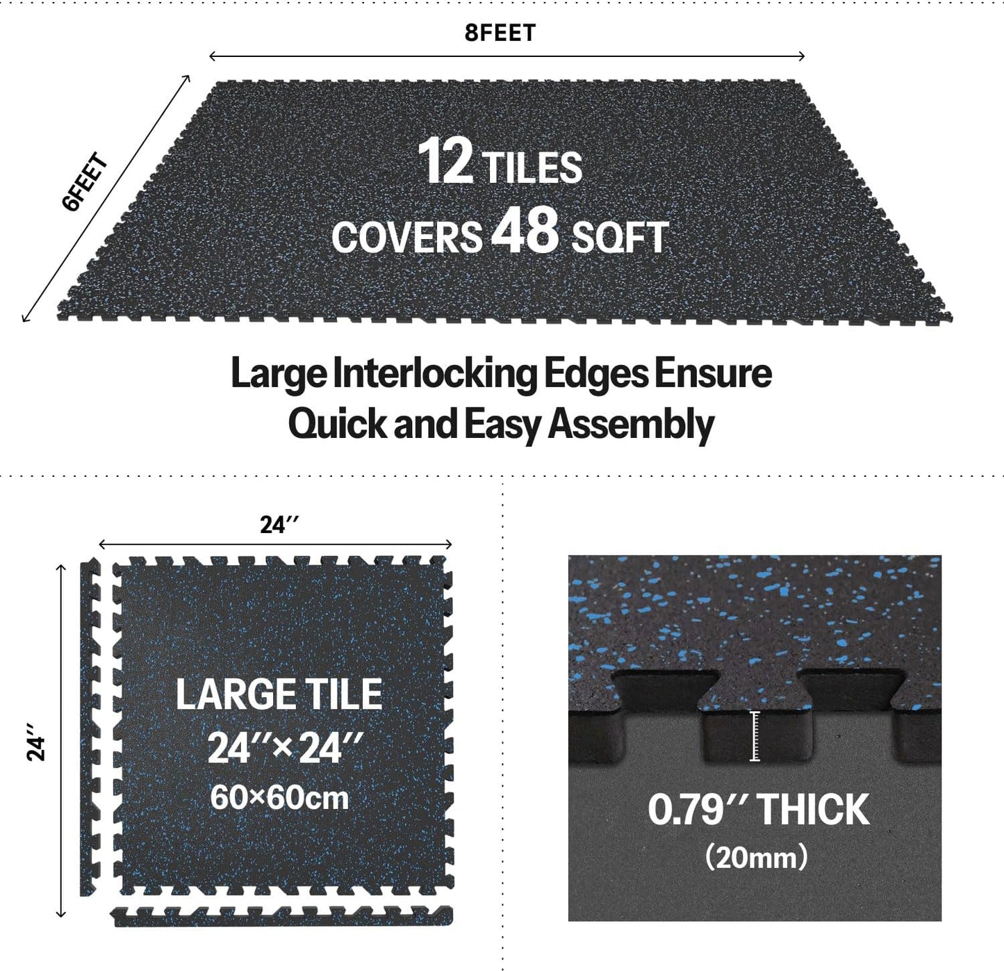 AIRHOP 0.79in Thick 48 Sq Ft Exercise Equipment Mats, 12 Tiles Upgraded Rubber Top with High Density EVA Foam, Large Interlocking Puzzle Gym Flooring for Home Gym, Heavy Weight Workout,Black & Blue
