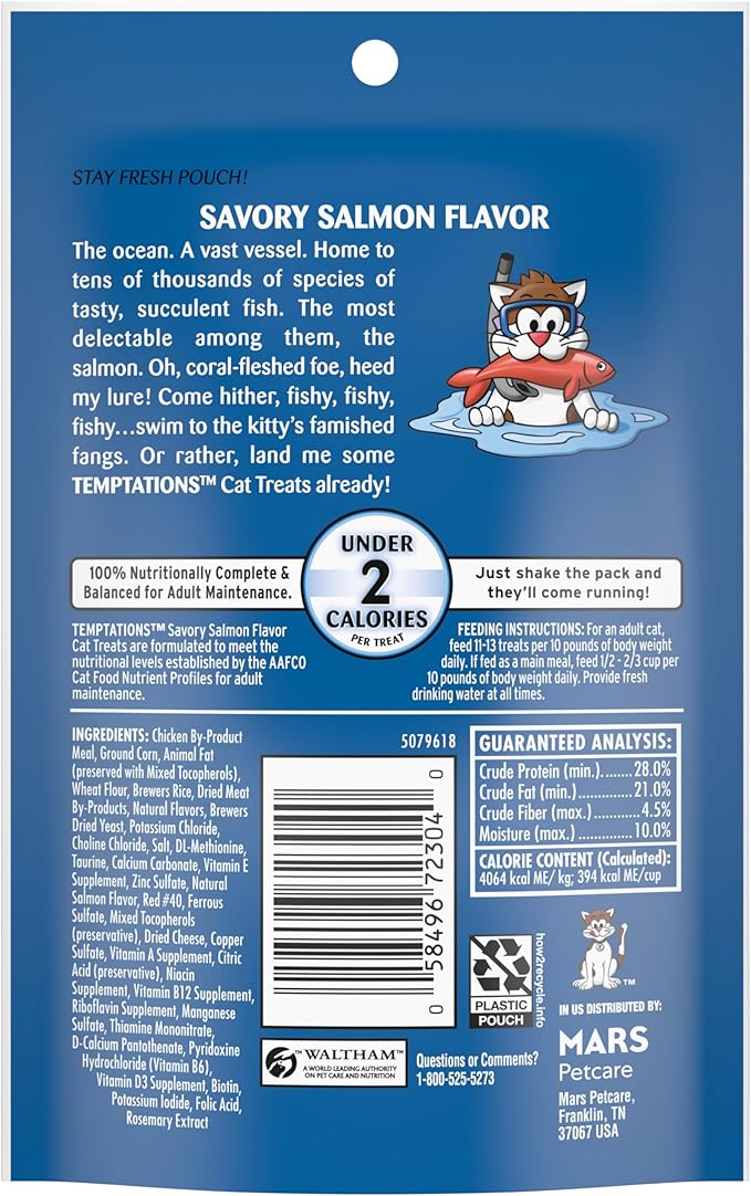 Temptations Classic Crunchy and Soft Cat Treats, Savory Salmon Flavor, 3 oz. Pouch (Pack of 12)