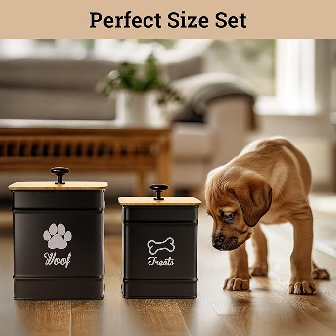 Dog Treat Container Airtight Set of 2 - 8x6 & 7x5 inch Iron Dog Treat Jars for Kitchen Counter with Airtight Bamboo Lids - 20 Cup Capacity Pet Treat Container Set - Doggie Cookie Jar - Treats Canister