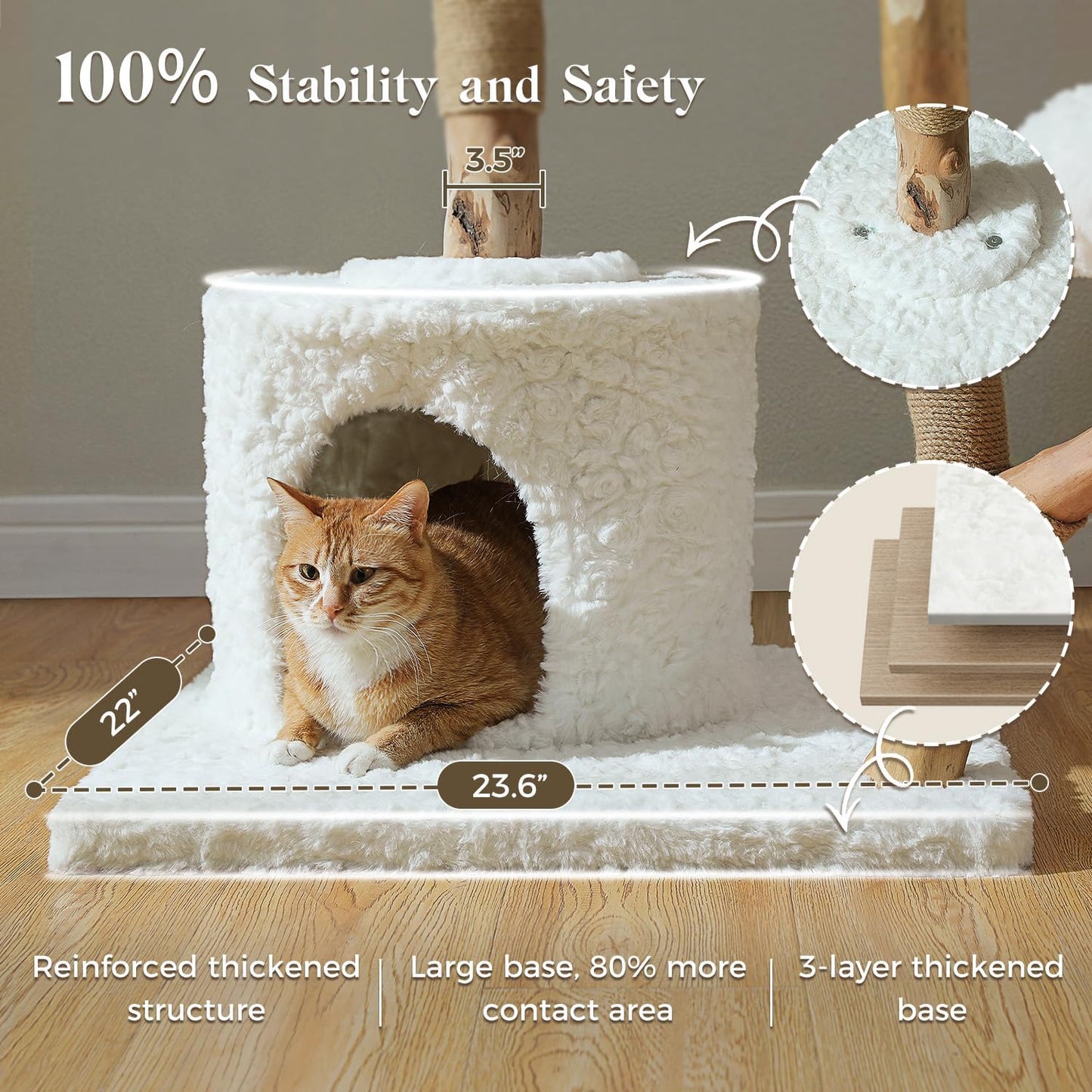 59" Modern Cat Tree Tower for Large Cats w/2 Flower Perches-Natural Solid Wood Scratching Post with Real Branch-Luxury Boho Cat Furniture w/Condo & Wicker Basket Bed, Cloud White