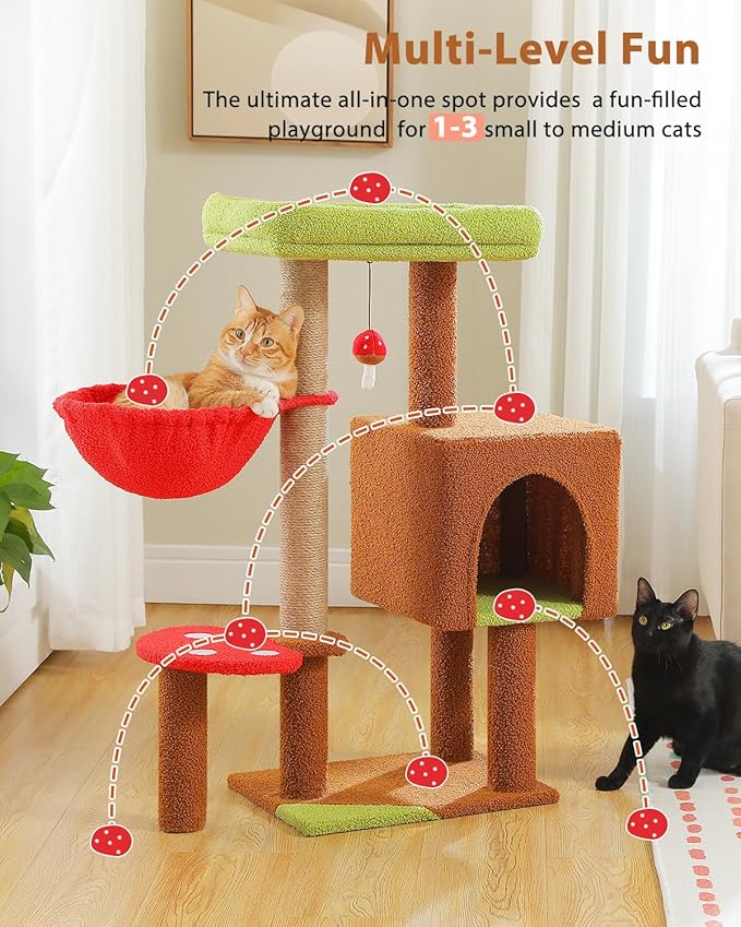Mushroom Cat Tree with Sisal Scratching Posts, 35.4" Cute Cat Tower Cat Condo w/Large Green Top Perch, Soft Red Hammock, and Mushroom Dangling Ball, for Small-Medium Cats, Brown