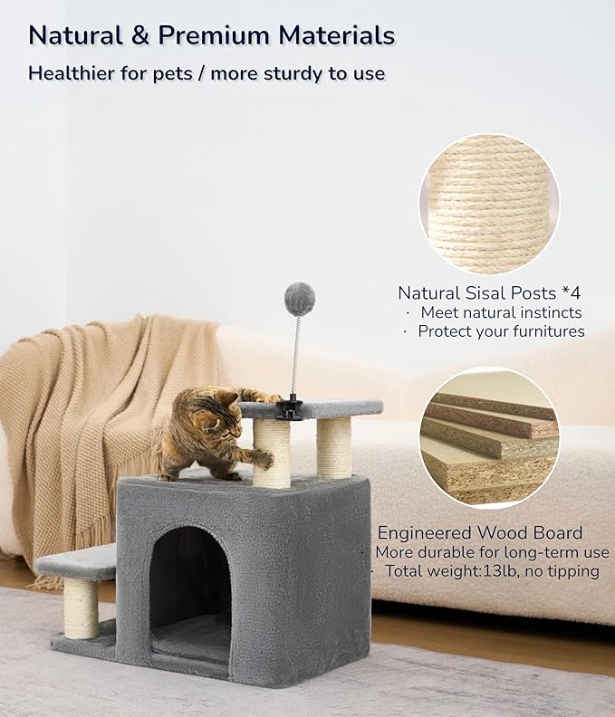 Happi N Pets Dog Stairs with Cat Scratching Post & Large Condo, Stable Pet Steps for High Beds Couch, 3 Combinations Cat Ramp Tree Tower for Cats or Small Dogs, Removable Cushion & Bonus Toy, Gray