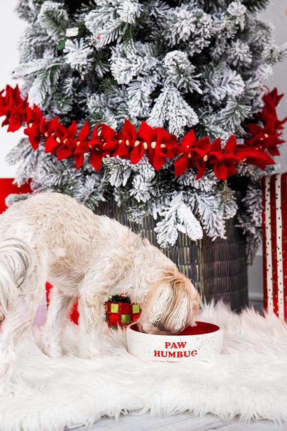 Pearhead Ceramic Paw Humbug Dog Bowl, Holds 3 Cups, Christmas Holiday Speckled Stoneware Design, Pet Feeding Dish, Microwave and Dishwasher Safe, Medium