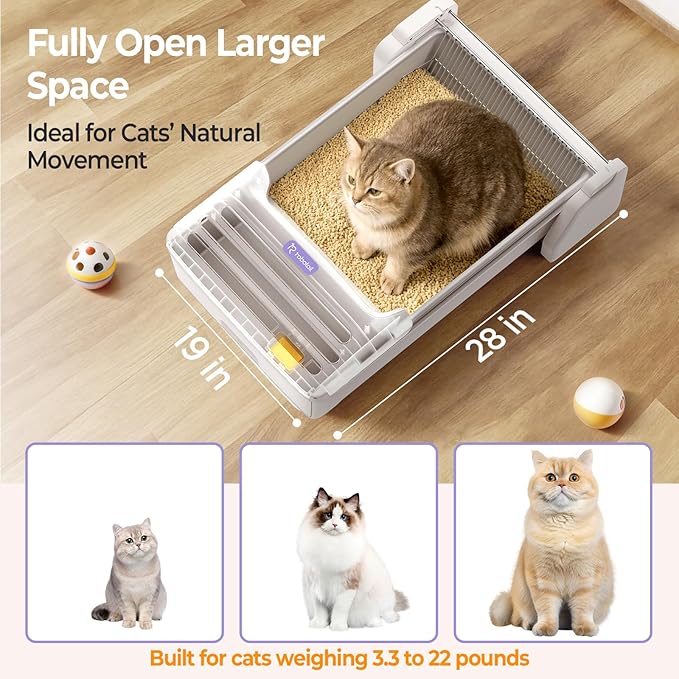 Robotail Fully-Open Automatic Self Cleaning Litter Box, Extra Large Space Electric Cat Litter Box with APP Control Health Monitor, Smart Litter Tray for Multiple Cats, Anti-Pinch Design, Odor Control