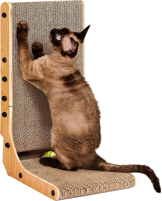 EHEYCIGA Cardboard Cat Scratcher for Indoor Kitten Cats, 19 Inch L Shaped Vertical Cat Scratching Board with Ball Cat Toy, Small Cat Scratcher Pad, Brown