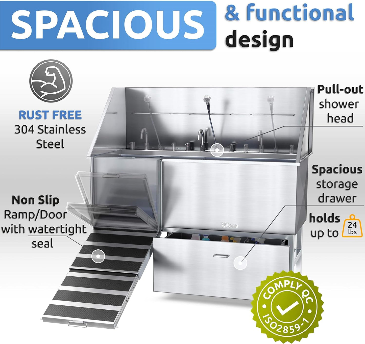 KANIS Professional Dog Washing Station - 304 Stainless Steel Pet Wash Sink & Grooming Bath Tub for Home with Ramp, Shower, Floor Grate, Storage Drawer, Faucet, Drain Kit for Large, Medium & Small Pets