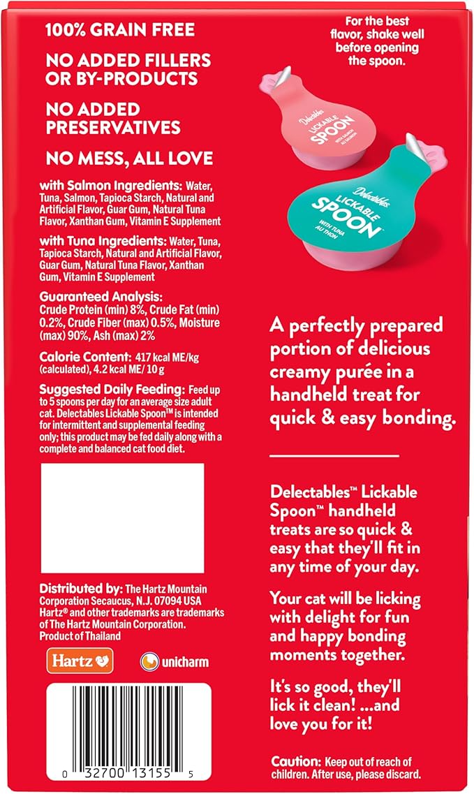 NEW! Delectables Lickable Spoon Handheld Wet Cat Treats Made with Real Salmon & Tuna, Creamy Puree, Mess Free, Quick & Easy, Grain-Free, No Added Fillers, No Added Preservatives, Variety Pack, 32ct