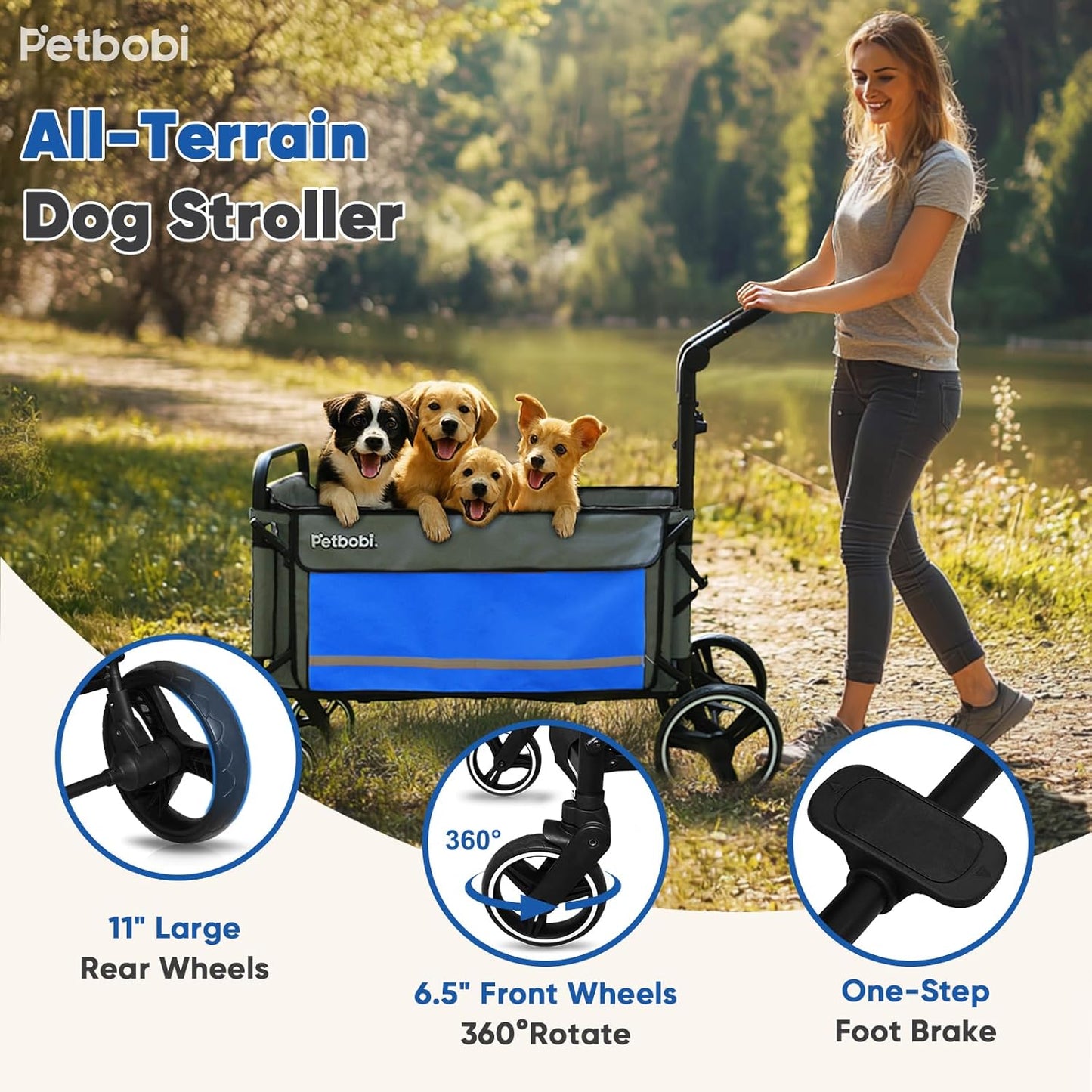 Petbobi Dog Wagon Stroller for Large & Medium Dogs - 2-in-1 Push-Pull Pet Stroller with Ramp, Foldable All Terrain Wagon Cart, One-Step Brake, Suitable for Outdoor Walks & Camping, Blue