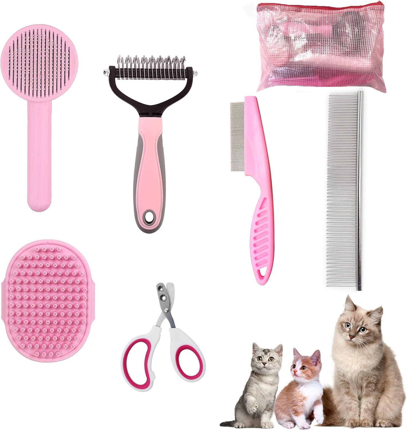 Cat Grooming Brush Kit 6 Tools - Deshedding & Dematting for Long/Short Hair, Self-Cleaning Slicker Brush with 6-in-1 Flea Comb for Cats & Kittens (Pink)