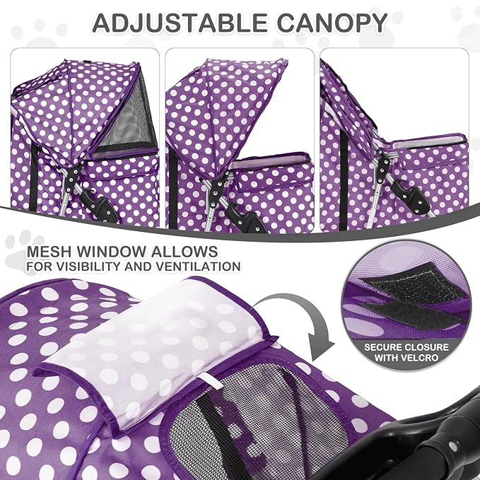MoNiBloom 3 Wheels Pet Dog Cat Stroller for Small Medium Dogs Cats, Foldable Jogger Stroller w/Storage Basket and Cup Holder, Purple Polka Dots