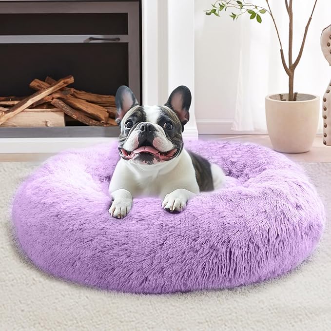 JOLLYVOGUE Small Dog & Cat Beds for Indoor Cats, Donut Cuddler Warming Soft Dog Beds with Anti-Slip Bottom, Round Calming Fluffy Plush Faux Fur Cushion Bed for Small Dogs (20", Purple)