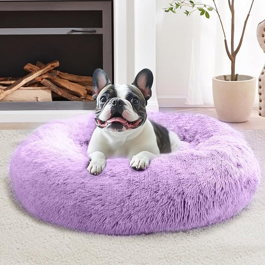 JOLLYVOGUE Small Dog & Cat Beds for Indoor Cats, Donut Cuddler Warming Soft Dog Beds with Anti-Slip Bottom, Round Calming Fluffy Plush Faux Fur Cushion Bed for Small Dogs (20", Purple)