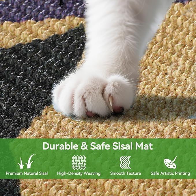 3-in-1 Sisal Cat Scratcher Mat 23.6x15.7'' Protects Carpet Couch & Furniture with Sticker Tape, Floor & Wall Cat Scratching Pad, Anti-Slip, Durable for Indoor Outdoor Cats (Warm Beige)