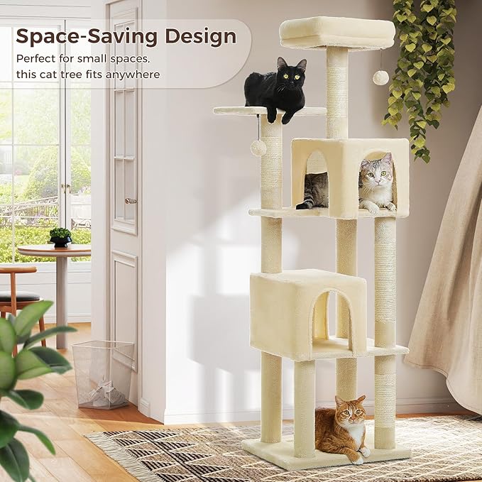 62" Cat Tree for Indoor Cats, Multi-Level Cat Tower for Large Cats with Scratching Posts, 2 Spacious Plush Condos, Padded Perch, Soft Cat Bed, Scratching Pad & 2 Pompoms, Beige