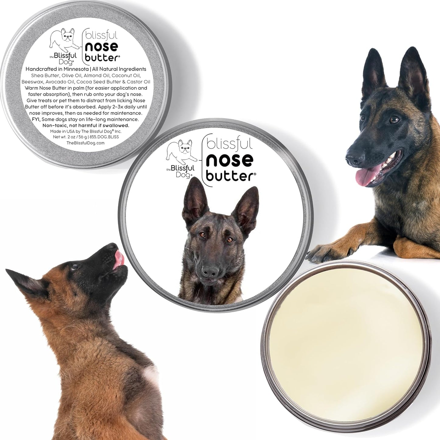 The Blissful Dog Belgian Malinois Nose Butter for Dry, Cracked Skin, Lick-Safe Dog Nose Balm with Moisturizing Shea Butter, Almond, Olive, and Essential Oils, Pet Supplies, Uncented, 8 oz.