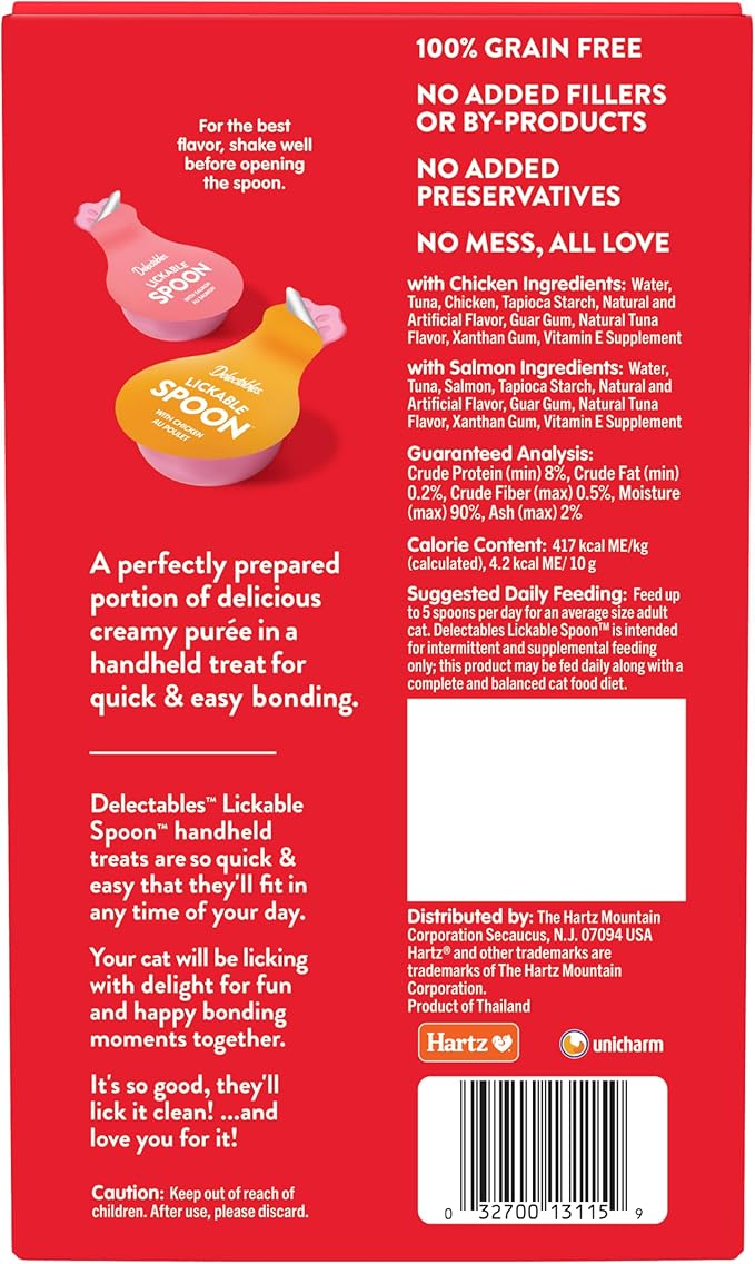 Hartz Delectables Lickable Spoon Handheld Wet Cat Treats Made with Real Chicken & Salmon, Quick & Easy Creamy Puree, Mess Free, Grain-Free, No Added Fillers, No by-Products, Variety Pack, 32ct