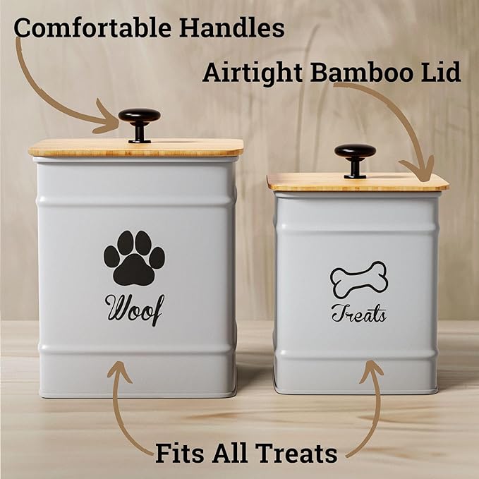 Dog Treat Container Airtight Set of 2 - 8x6 & 7x5 inch Iron Dog Treat Jars for Kitchen Counter with Airtight Bamboo Lids - 20 Cup Capacity Pet Treat Container Set - Doggie Cookie Jar - Treats Canister