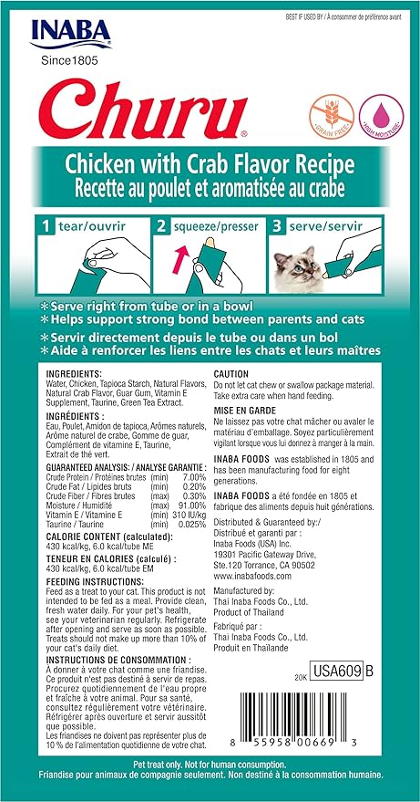 INABA Churu Cat Treats, Grain-Free, Lickable, Squeezable Creamy Purée Cat Treat/Topper with Vitamin E & Taurine, 0.5 Ounces Each Tube, 48 Tubes (4 per Pack), Chicken with Crab Recipe