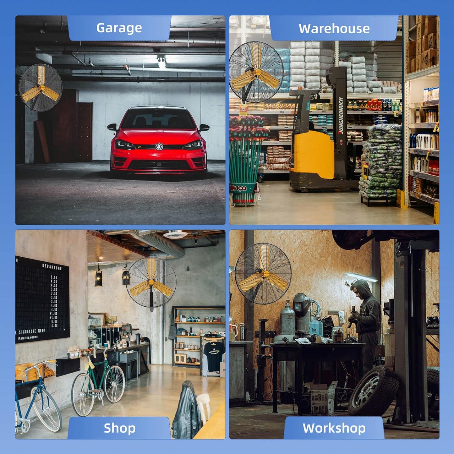 24 inch Oscillating High Velocity Wall Mount Fan, 7600 CFM Industrial Heavy Duty Metal Wall Fan, 3 Speeds, Adjustable Height and Tilt, Commercial Shop Fans for Garage, Workshop