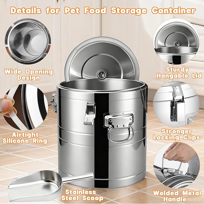 35lb Stainless Steel Dog Food Storage Container, Large Capacity Metal Pet Food Storage Container with Scoop, Airtight Dog & Cat Food Treat Bin for Dry Food Keep Fresh for Multi-Pet Households