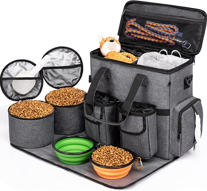 Modoker Dog Travel Bag Backpack, Airline Approved Pet Accessories Organizer for Dog and Cat with Shoulder Strap, 2 Dog Food Storage Containers, 2 Collapsible Dog Bowls,1 Pet Mat, Rose Red