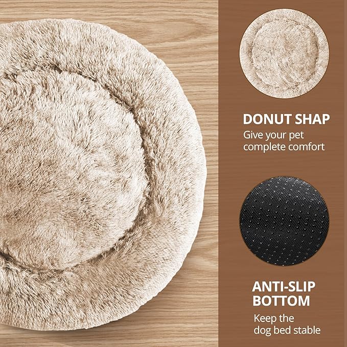 JOLLYVOGUE Small Dog & Cat Beds for Indoor Cats, Donut Cuddler Warming Soft Dog Beds with Anti-Slip Bottom, Round Calming Fluffy Plush Faux Fur Cushion Bed for Medium Dogs (27")