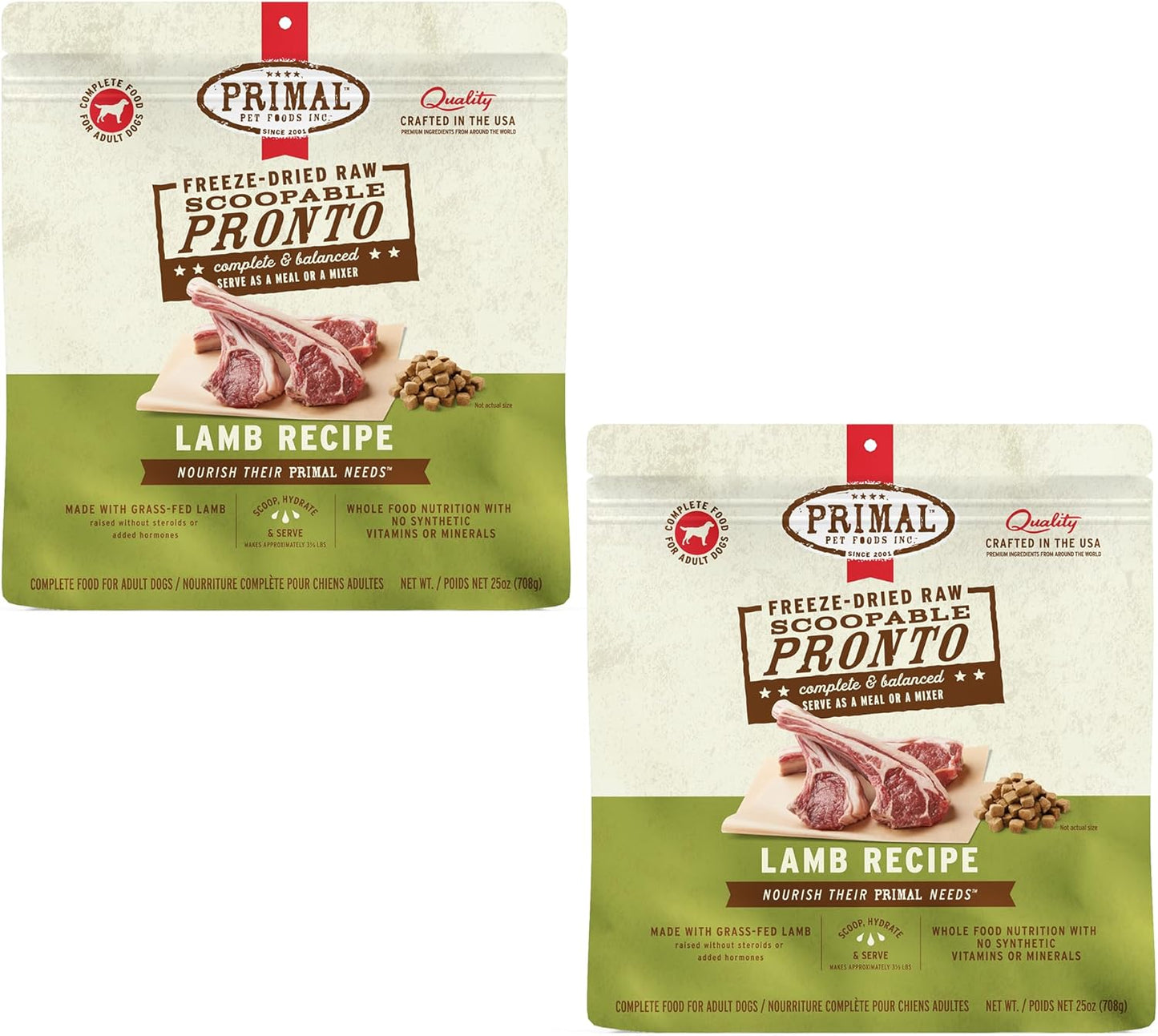 Primal Freeze Dried Dog Food, Pronto Mini Nuggets, Lamb; Scoop & Serve, Complete & Balanced Meal; Also Use as Topper or Treat; Premium, Healthy, Grain Free, High Protein Raw Dog Food (25 oz, 2-Pack)