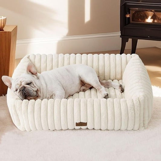 Bedsure Cute Dog Bed Medium Size Dog - Washable Furry Puppy Beds, Rectangle Orthopedic Corduroy Fleece Pet Beds with Removable Zipper Cover, 30x24x8inches, Cream