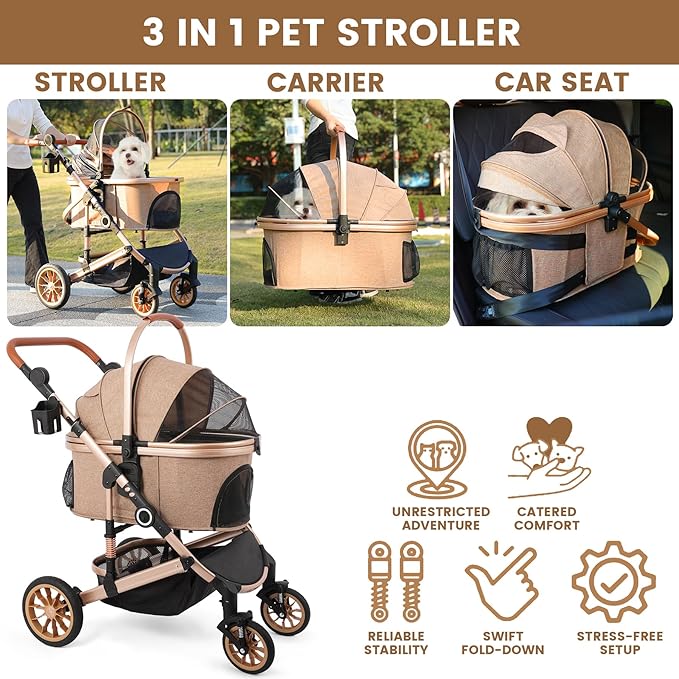 Pet Stroller with 4 Wheels, Foldable Pet Travel Carrier for Small/Medium Dogs Cats up to 50lbs, Detachble Portable Pet Bag, Storage Basket, Car Seat 3 in 1 Multifunctional (Tan)