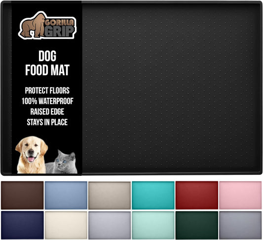 GORILLA GRIP 100% Waterproof Raised Edge BPA Free Silicone Pet Feeding Mat, Dog Cat Food Mats Contain Spills Protects Floors, Placemats for Cats and Dogs Water Bowl, Pets Accessories 16x10, Black