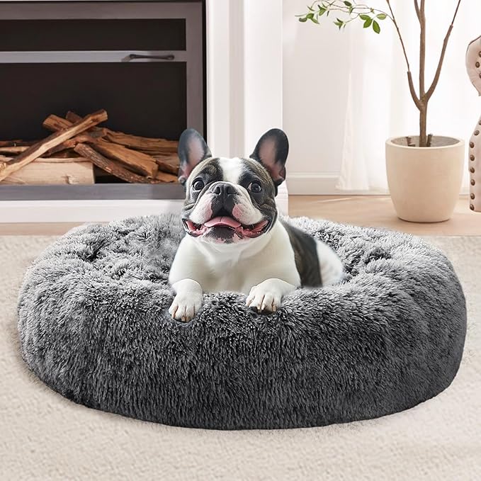 JOLLYVOGUE Small Dog & Cat Beds for Indoor Cats, Donut Cuddler Warming Soft Dog Beds with Anti-Slip Bottom, Round Calming Fluffy Plush Faux Fur Cushion Bed for Small Dogs (20", Smoke Black)