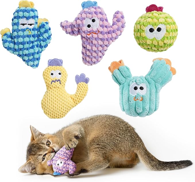 5 Pack Cactus Catnip Toys, 100% Organic Catnip Toys for Indoor Cats, Interactive Plush Chew Fun Without Cotton, Teething Soft Kittens Toys for Kitty, Colorful