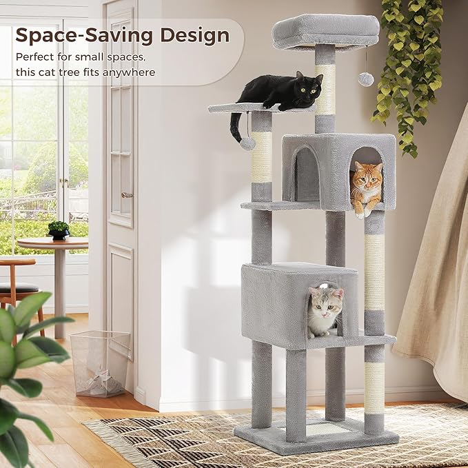 62" Cat Tree for Indoor Cats, Multi-Level Cat Tower for Large Cats with Scratching Posts, 2 Spacious Plush Condos, Padded Perch, Soft Cat Bed, Scratching Pad & 2 Pompoms, Gray