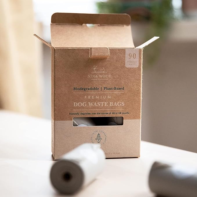 NINA WOOF Dog Poop Bags Rolls - 90 Compostable & Biodegradable for Puppy Walks, Travel, Thick Refill Housebreaking dog poo bags Premium Cornstarch Pet Poo Bags Dogs