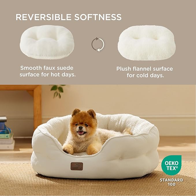 Bedsure Dog Beds for Small Dogs - Round Cat Beds for Indoor Cats, Washable Pet Bed for Puppy and Kitten with Slip-Resistant Bottom, 25 Inches, White