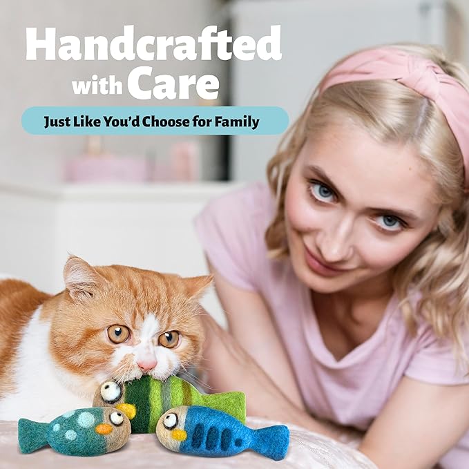 Woolbuddy Felted Wool Cat Toys – 3 Fish Kick Toys for Indoor Cats, Catnip-Free & Durable