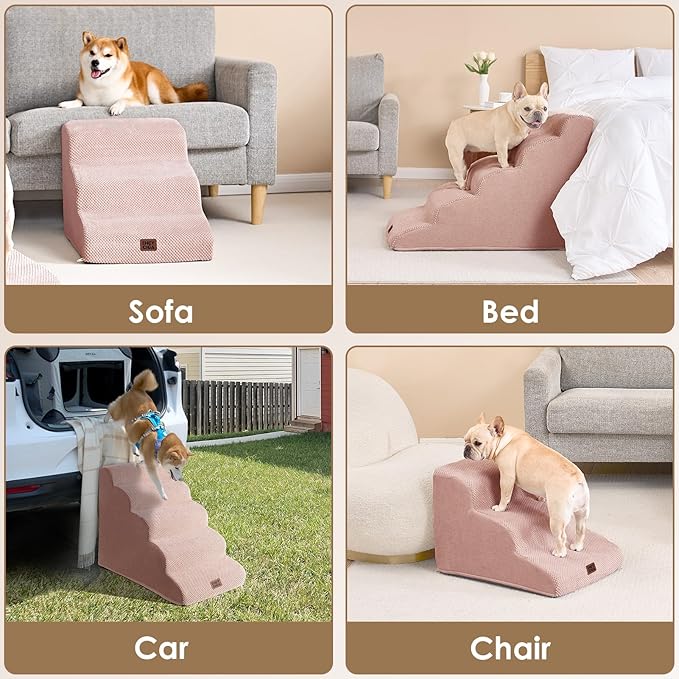 EHEYCIGA Curved Dog Stairs Ramp for High Beds 22.6" H, 5-Step Dog Steps for Small Dogs and Cats, Pet Stairs for High Bed Climbing, Non-Slip Balanced Pet Step Indoor, Dusty Pink