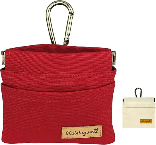 Dog Treat Pouch, Red Pocket Sized Pet Training Pouch, Cotton Fabric, Hand Free Dog Walking Bag with Carabiner, Self-Closing Pet Feed Snack Reward, for Puppy Travel or Outdoor Use