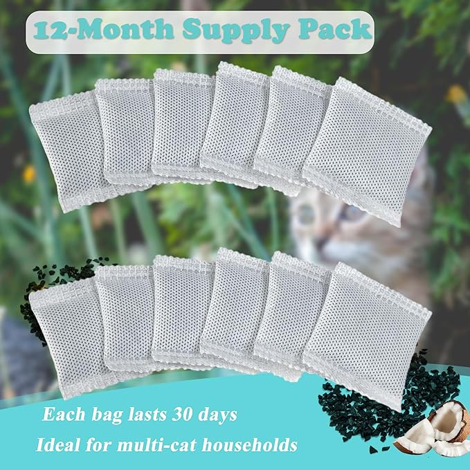 NewKe 12 PCS Odor Eliminator for PuraMax Self-Cleaning Cat Litter Box, Natural Activated Charcoal Refills, Cat Toilet Odor Control, Cat Litter Deodorizer Compatible with PETKIT Automatic Litter Box
