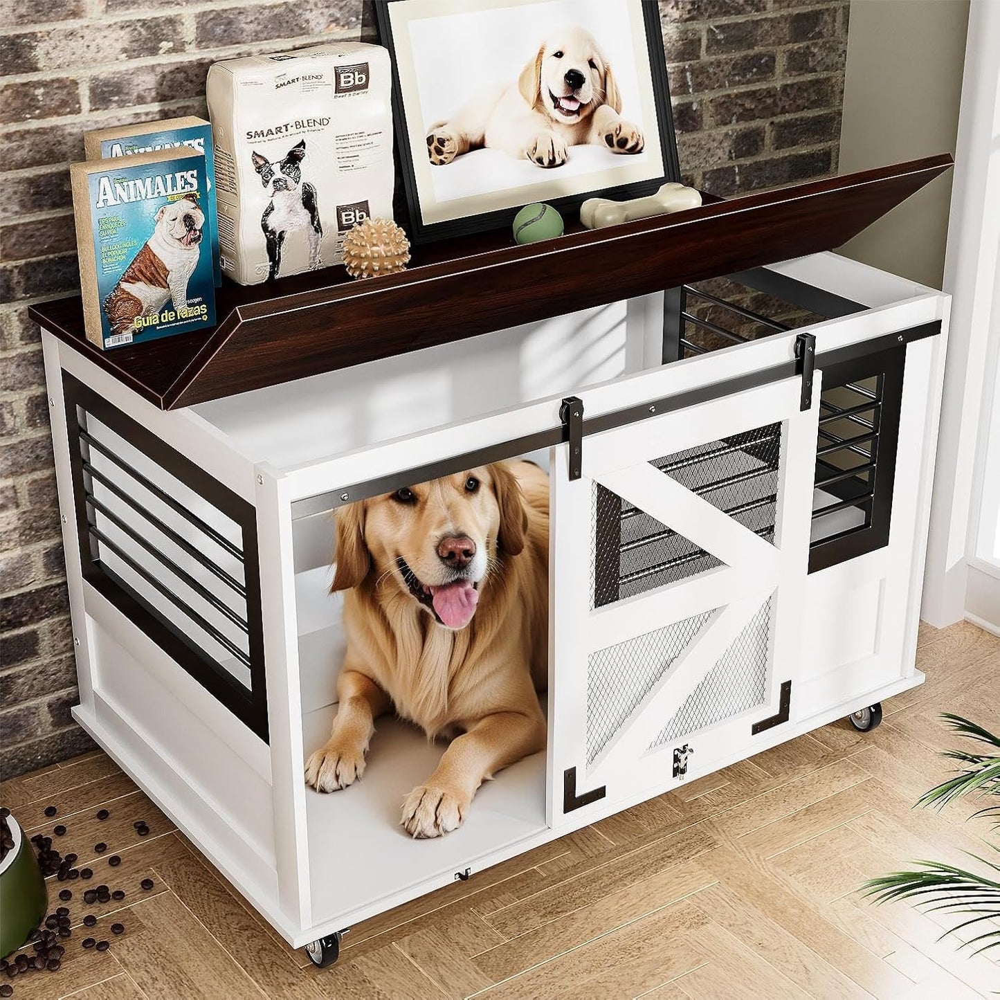47 inch XL Dog Crate Furniture with Top-Access Teasing/Feeding Doors, Farmhouse Wooden Decorative Dog Crates with Wheels, Chew-Resistant Dog Crates End Table for Medium&Large Dogs, White