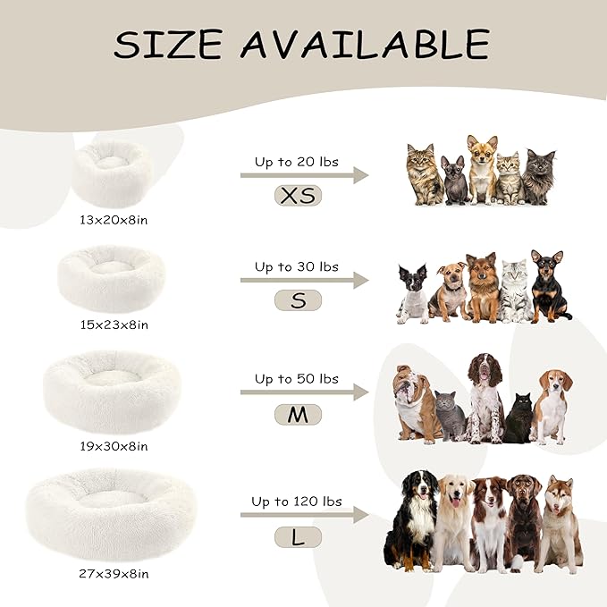 30'' inch Calming Dog Bed, Anti-Anxiety Donut Small Medium Dog Bed, Warming Cozy Soft Cute Round Washable, Marshmallow Cuddler Nest Puppy Dogs and Cats Bed, White