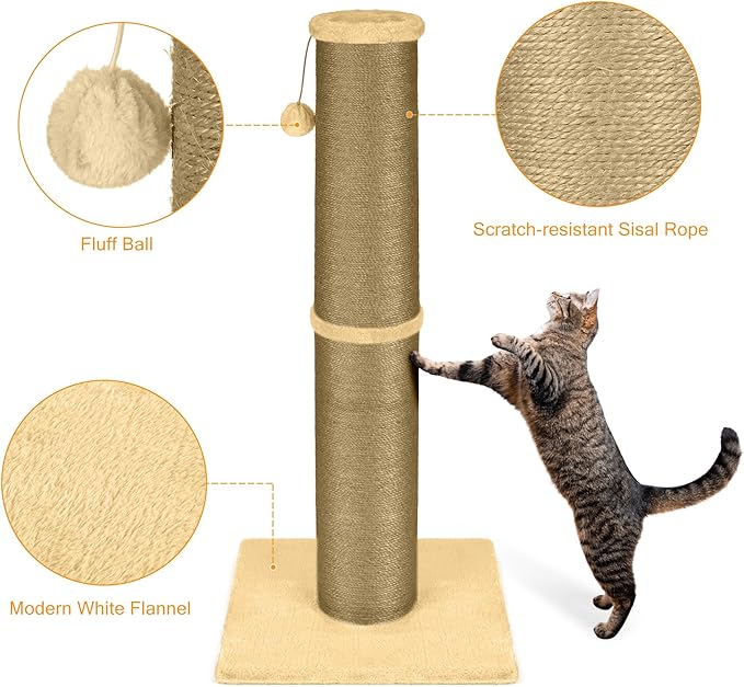PAWSCRAT Cat Scratching Post 32 Inch High, 5.5 Inch Large Diameter Natural Sisal Cat Scratch Post, Scratch-Resistant and Durable Tall Cat Scratcher for Indoor Cats, Protect Your Furniture, Yellow