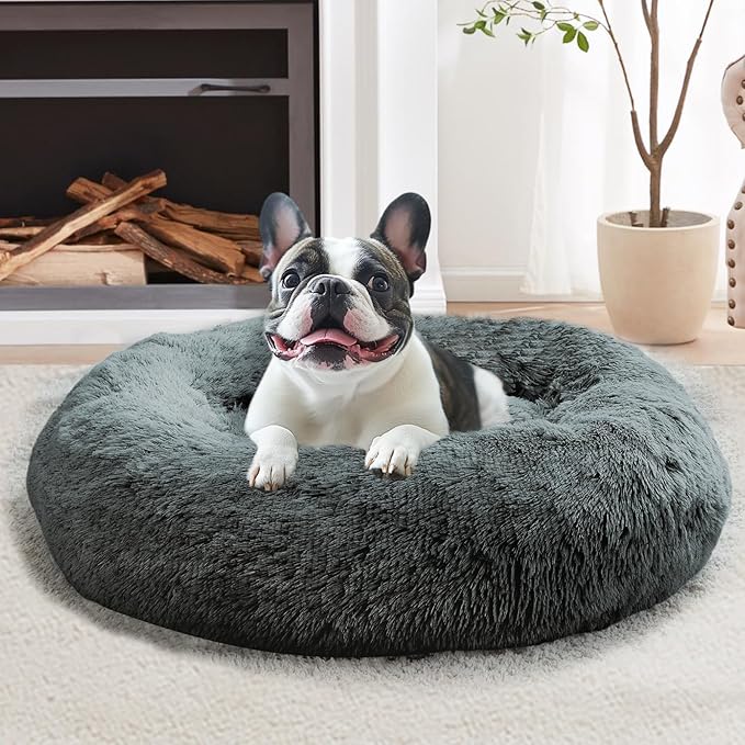 JOLLYVOGUE Small Dog & Cat Beds for Indoor Cats, Donut Cuddler Warming Soft Dog Beds with Anti-Slip Bottom, Round Calming Fluffy Plush Faux Fur Cushion Bed for Medium Dogs (27")