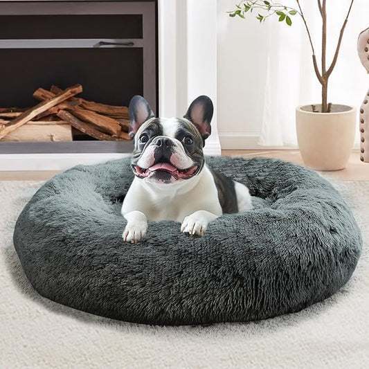 JOLLYVOGUE Small Dog & Cat Beds for Indoor Cats, Donut Cuddler Warming Soft Dog Beds with Anti-Slip Bottom, Round Calming Fluffy Plush Faux Fur Cushion Bed for Large Dogs (36")