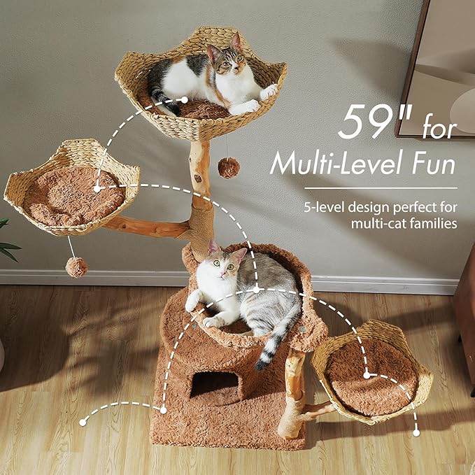 PAWZ Road Cat Tree for Indoor Cats Large Adults, 59 Inches Modern Cat Tower with 3 Large Baskets, Natural Solid Wood, Luxury Condo and Hammock, Modern Furniture for Big Cats, Brown