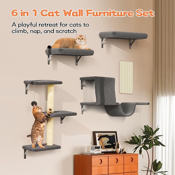 6-in-1 Wall Mounted Cat Climber Set for Heavy Cats,Wall Shelves,Stable & Safe Cat Furniture Set for Large Cats, Wooden Climbing Wall with Scratching Post(Black)