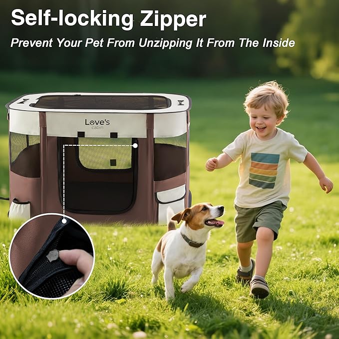 Love's cabin Pet Puppy Dog Playpen, Large Dog Tent Crates Cage Indoor/Outdoor, Portable Exercise Playpen for Cat, Foldable Pop Up Dog Kennel Playpen with Carring Case (L, Brown)