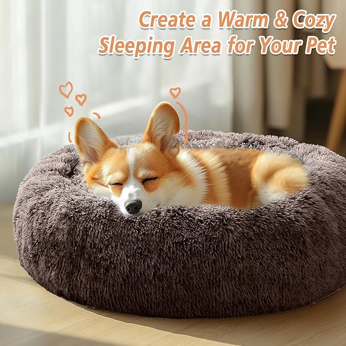 JOLLYVOGUE Small Dog & Cat Beds for Indoor Cats, Donut Cuddler Warming Soft Dog Beds with Anti-Slip Bottom, Round Calming Fluffy Plush Faux Fur Cushion Bed for Small Dogs (20")