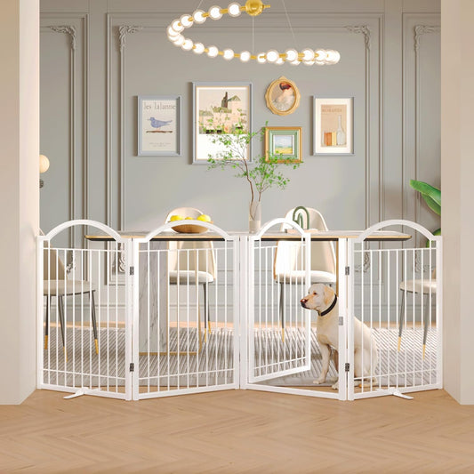 BHG Metal No-Assembly Freestanding Dog Gate with Door Walk Through, Extra Wide 96", Extra Tall 32" Pet Gate, Accordion Puppy Folding Playpen Dog Fence, with 2PCS Support (White, 4 Panels)